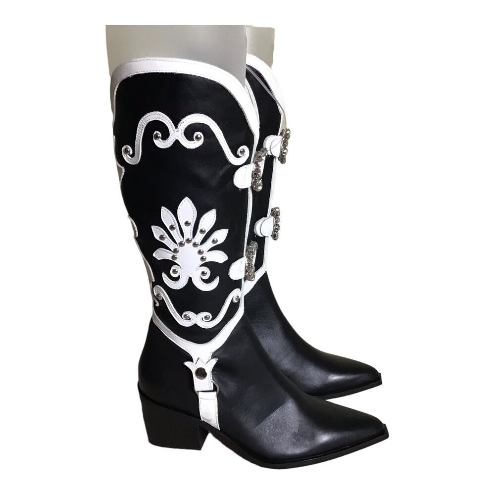 DossoDossi Women Leather Embellish Cowgirl boots Black Stone detail Size 38 NWOT
